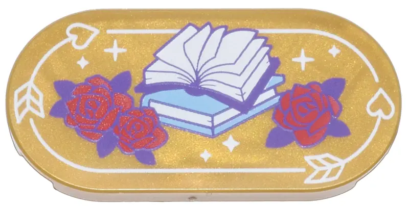 Pearl Gold Tile, Round 2 x 4 Oval with Red Roses with Dark Purple Leaves, Medium Blue and Dark Purpl