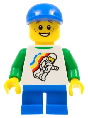Classic Space Minifigure Floating Pattern, Blue Short Legs, Blue Short Bill Cap