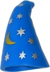 Blue Minifigure, Headgear Hat, Cone Drooping, Wizard with Silver Stars and Gold Crescent Moon Patter