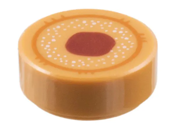 Medium Nougat Tile, Round 1 x 1 with Dark Orange Circle, White Spots and Dark Red Spot Pattern