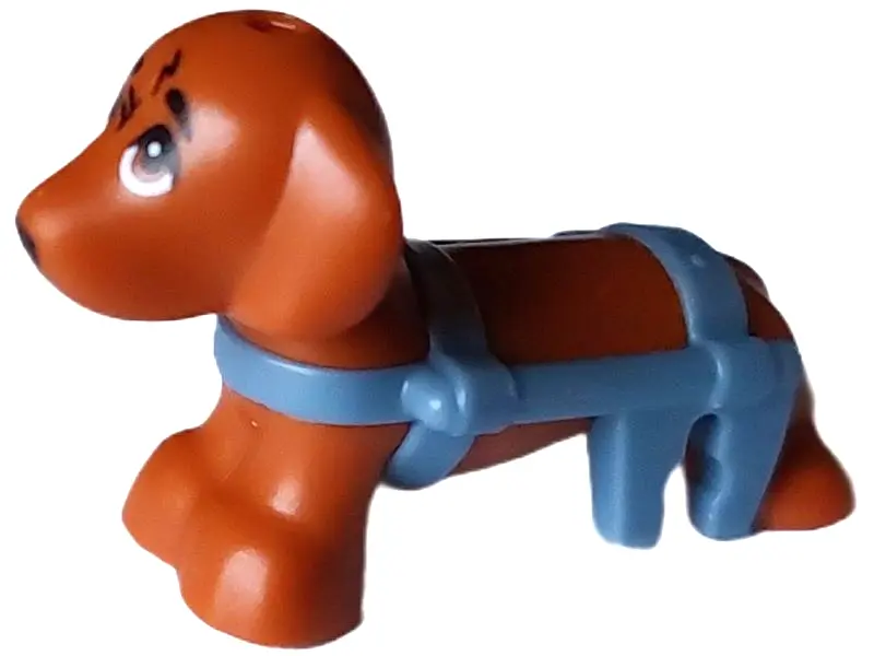 Dark Orange Dog, Friends Style, Dachshund with Molded Sand Blue Wheelchair Harness and Printed Eyes,