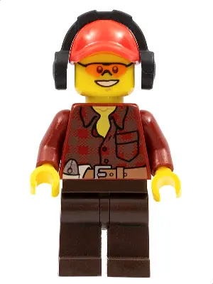 Flannel Shirt with Pocket and Belt, Dark Brown Legs, Red Cap with Hole, Headphones, Orange Safety Gl
