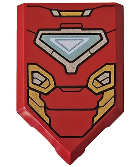 Dark Red Tile, Modified 2 x 3 Pentagonal with Arc Reactor and Gold Armor Plates Pattern