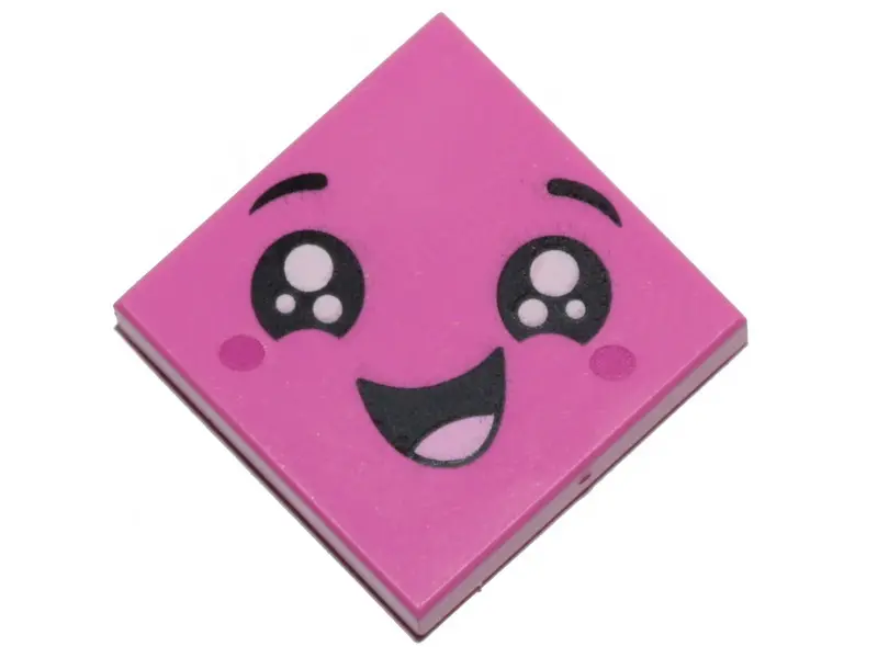 Dark Pink Tile 2 x 2 with Face, Smile Open Mouth, Black Eyes with White Pupils, Raised Eyebrows, Red
