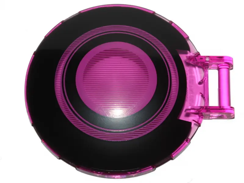 Trans-Dark Pink Dish 6 x 6 Inverted with Bar Handle with Black Concentric Circles Pattern