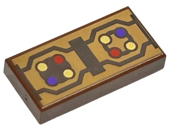Reddish Brown Tile 1 x 2 with Dark Brown Rectangle and Angled Lines and Dark Purple, Gold and Red Do