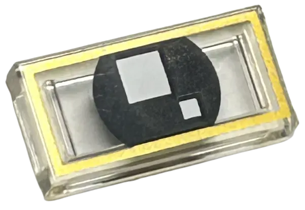 Trans-Clear Tile 1 x 2 with 2 White Squares on Black Background and Gold Rectangle Pattern (BrickHea