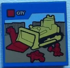 Blue Tile 2 x 2 with LEGO City Set Box Art, Yellow Bulldozer, Red Wheelbarrow and Construction Worke