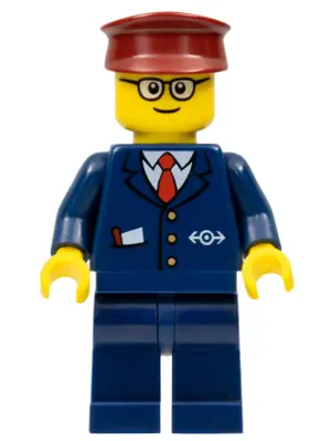 Dark Blue Suit with Train Logo, Dark Blue Legs, Dark Red Hat, Rounded Glasses - Tram Driver