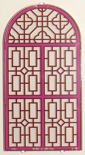 Trans-Clear Glass for Door Frame 1 x 6 x 7 Arched with Notches and Rounded Pillars with Dark Pink Pa