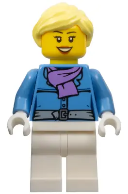 Female, Jacket with Medium Lavender Scarf, White Legs, Bright Light Yellow Ponytail, Open Mouth Smil