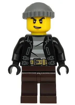 Police - City Bandit Crook, Black Leather Jacket, Dark Bluish Gray Knit Cap, Dark Brown Legs