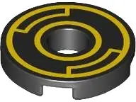 Black Tile, Round 2 x 2 with Hole with Yellow Concentric Circles with Insets Pattern