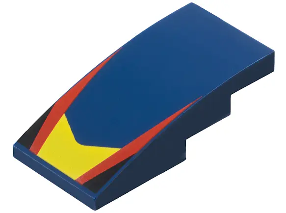 Dark Blue Slope, Curved 4 x 2 with Yellow V-Shaped Center Panel, Red Stripes, Black Triangles Patter