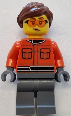 Formula 1 Race Crew Member - Female, Reddish Orange Racing Suit with Pockets, Dark Bluish Gray Legs,