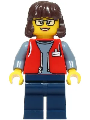 Forklift Driver - Female, Red Vest over Sand Blue Shirt, Dark Blue Legs, Dark Brown Hair