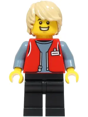 Forklift Driver - Male, Red Vest over Sand Blue Shirt, Black Legs, Tan Hair