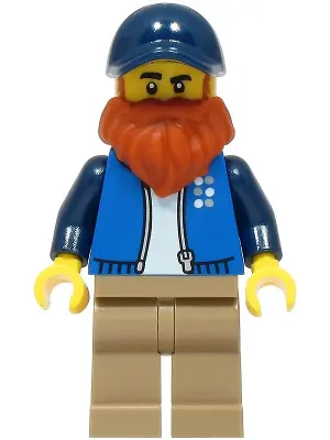 LEGO Truck Driver - Male, Blue Jacket over White Shirt, Dark Tan Legs, Dark Blue Cap, Dark Orange Be