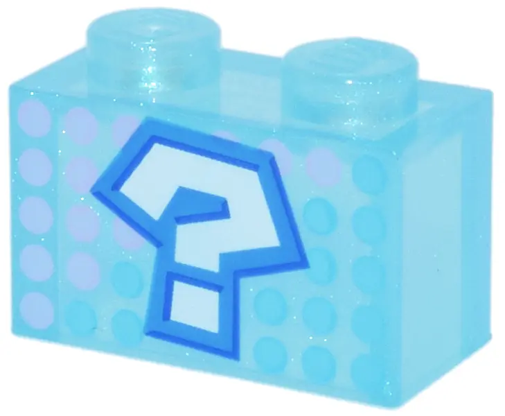 Satin Trans-Light Blue Brick 1 x 2 without Bottom Tube with White Question Mark with Dark Azure and 
