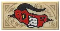 Tan Tile 1 x 2 with Dark Tan Markings and Red Monster Head with White Sharp Teeth and Black Horn Pat