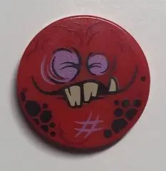 Red Tile, Round 2 x 2 with Bottom Stud Holder with Globlin Face with 2 Jagged Teeth and 1 Fang Patte