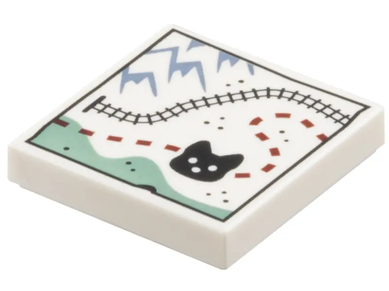 Tile 2 x 2 with Map, Sand Blue Mountains, Black Train Tracks and Wolf Head, Reddish Brown Dotted Lin