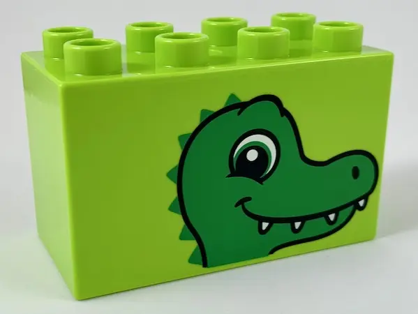 Lime Duplo, Brick 2 x 4 x 2 with Alligator / Crocodile Head Pattern