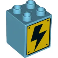 Medium Azure Duplo, Brick 2 x 2 x 2 with High Voltage Black Lightning Bolt on Yellow Sign Pattern