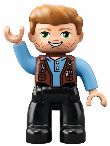 Duplo Figure Lego Ville, Male, Black Legs, Medium Blue Shirt over Reddish Brown Vest, Dark Tan Hair 