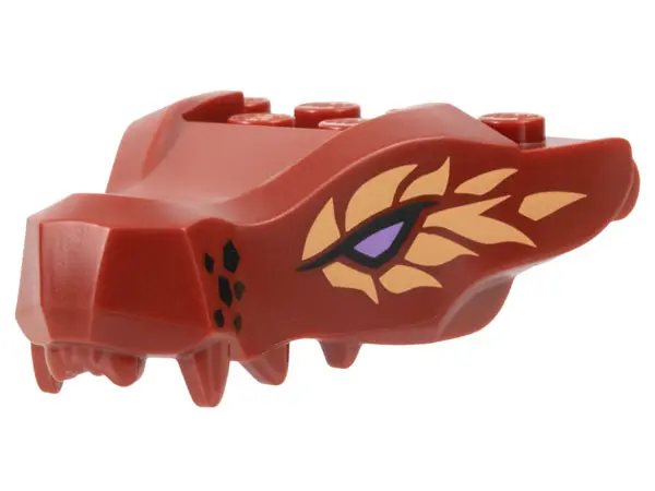 Dark Red Dragon Head (Ninjago) Jaw with 2 Bar Handles on Back with Lavender Eyes and Nougat Scales P