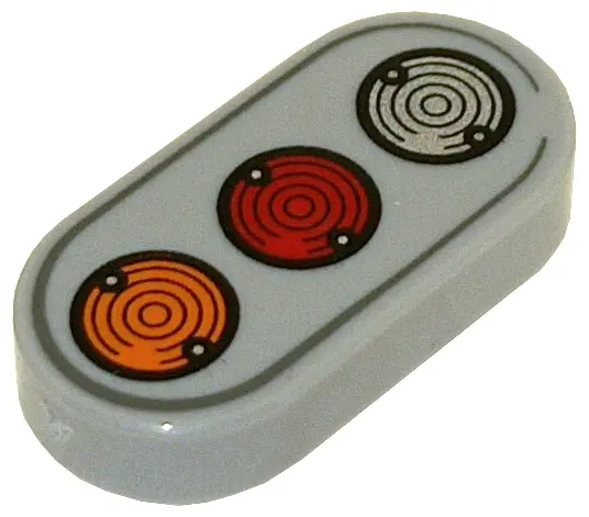 Light Bluish Gray Tile, Round 1 x 2 Oval with Orange, Red, and Silver Lights Pattern