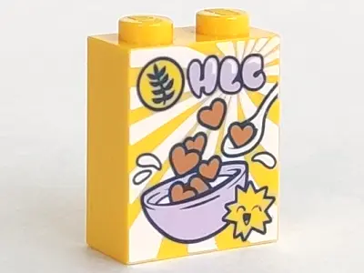 Yellow Brick 1 x 2 x 2 with Inside Stud Holder with Cereal Box with 'HLC' Pattern