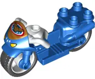 Blue Duplo Motorcycle with Rubber Wheels, White Handlebars, Headlights and Wonder Woman Logo Pattern