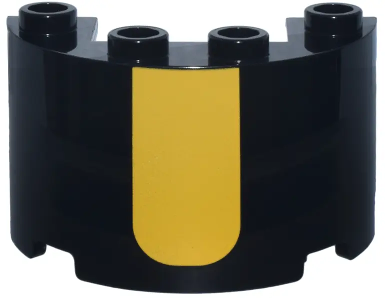 Black Cylinder Half 2 x 4 x 2 with 1 x 2 Cutout with Yellow Rectangle with Rounded Lower Edge Patter