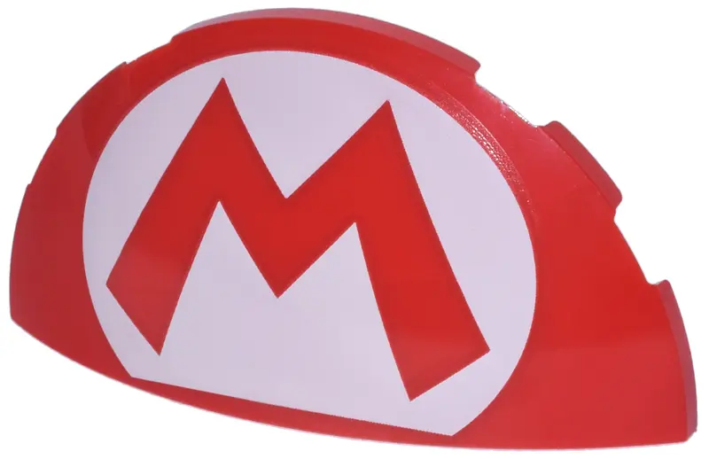 Red Brick, Round 3 x 6 x 1 Dome Half with Super Mario Logo Capital Letter M on White Oval Pattern