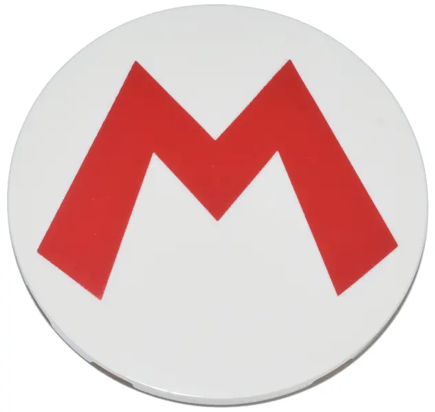 White Tile, Round 6 x 6 with Super Mario Logo Red Capital Letter M Pattern