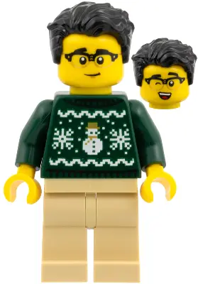 - Dark Green Holiday Sweater, Tan Legs, Black Hair
