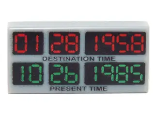 Light Bluish Gray Tile 1 x 2 with Red '01 28 1958', Green '10 26 1985', Black 'DESTINATION TIME' and