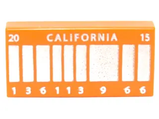 Orange Tile 1 x 2 with Silver Stripes, 'CALIFORNIA', '20', '15' and '136113 9 66' Pattern