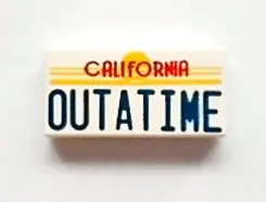 White Tile 1 x 2 with Red 'CALIFORNIA' and Blue 'OUTATIME' Pattern
