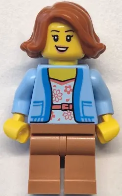Bus Passenger - Female, Bright Light Blue Jacket over White Shirt with Coral Flowers, Medium Nougat 
