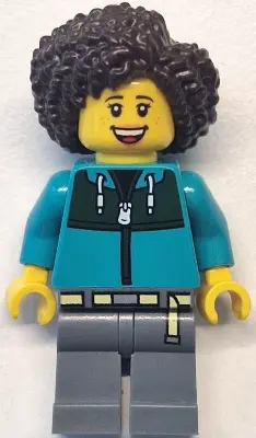 Bus Passenger - Female, Dark Turquoise Jacket with Dark Green Panel, Dark Bluish Gray Legs, Dark Bro