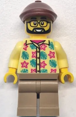 Bus Passenger - Male, Bright Light Yellow Shirt with Flowers and Leaves, Dark Tan Legs, Reddish Brow
