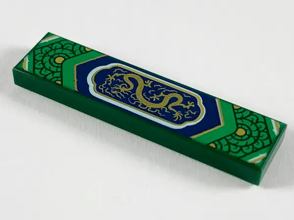 Dark Green Tile 1 x 4 with Gold Dragon in Green Frame with Scales Pattern