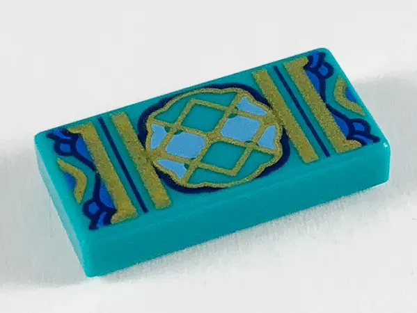 Dark Turquoise Tile 1 x 2 with Gold Lattice with Dark Blue and Bright Light Blue Trim Pattern