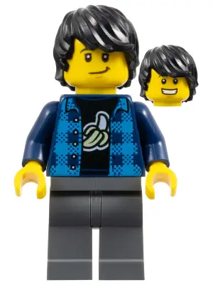 Man, Black Hair, Dark Azure Plaid Vest, Dark Blue Banana Shirt, Dark Bluish Gray Legs