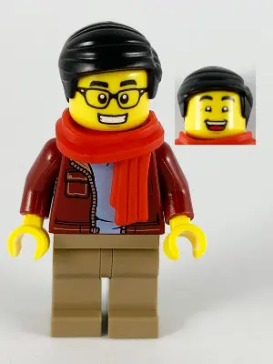 Man, Dark Red Jacket with Bright Light Blue Shirt, Dark Tan Legs, Red Scarf, Black Smooth Hair, Glas