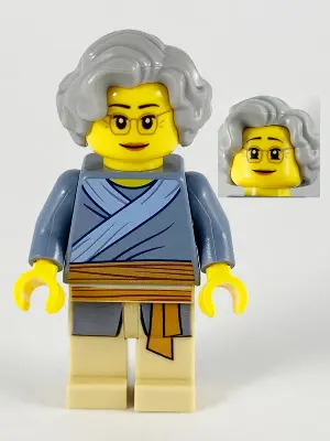 Porcelain Vendor, Female, Light Bluish Gray Hair, Glasses, Sand Blue Tunic, Medium Nougat Sash, Tan 