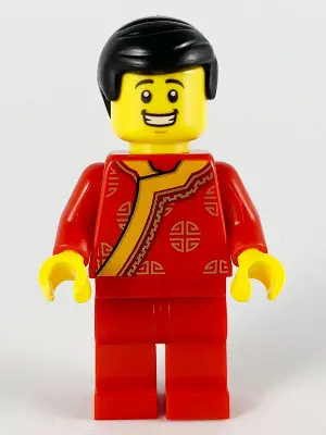 Toy Vendor, Black Hair, Red Changshan with Bright Light Orange Wide Hem, Gold Circles Pattern