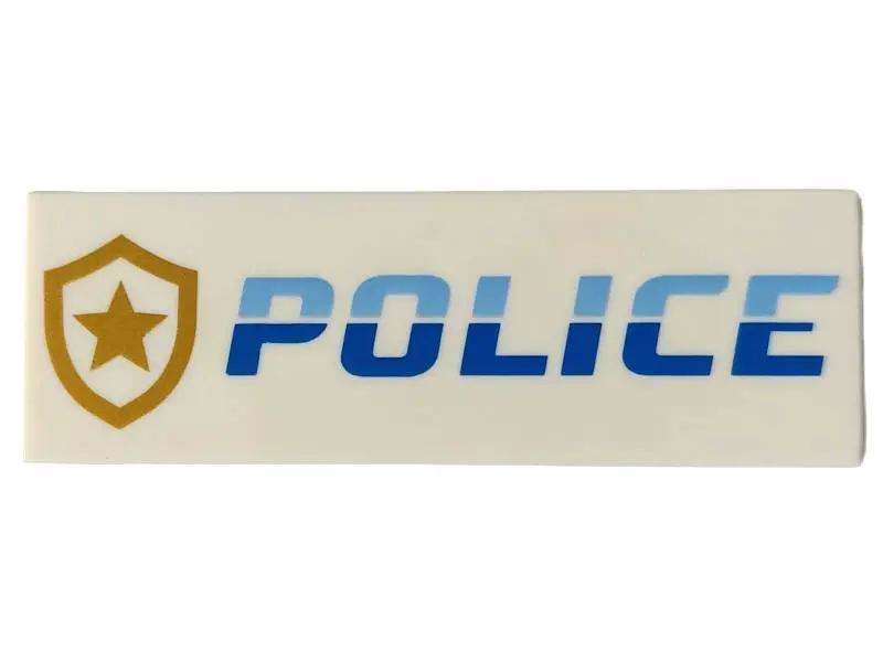 White Tile 2 x 6 with Bright Light Blue and Blue 'POLICE' and Gold Star Badge Logo Pattern